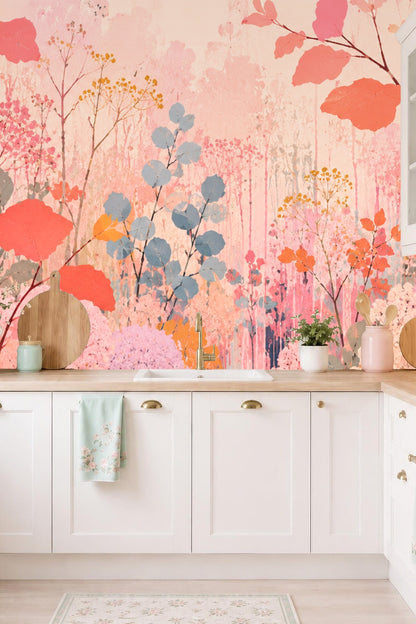 Calm floral mural with emphasis on pink, coral, and blue leaf shapes