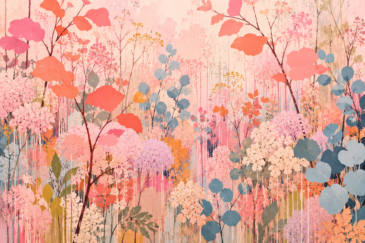 Close-up on coral leaves and fine wildflower stems with blue foliage accents
