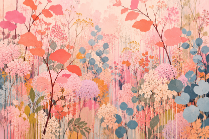 Close-up on coral leaves and fine wildflower stems with blue foliage accents