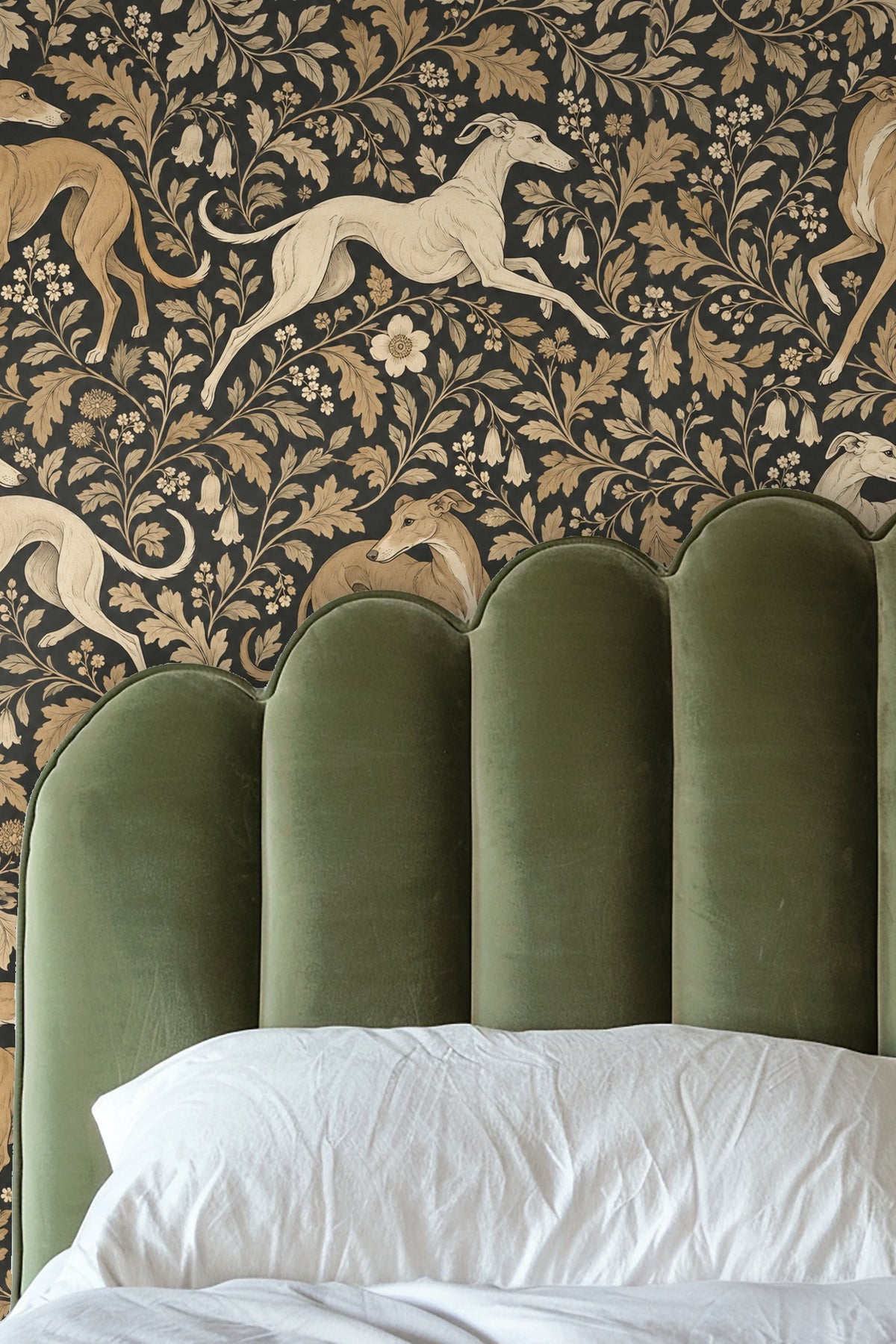 Noir and Tan Foliate Dart wallpaper shown in an interior setting