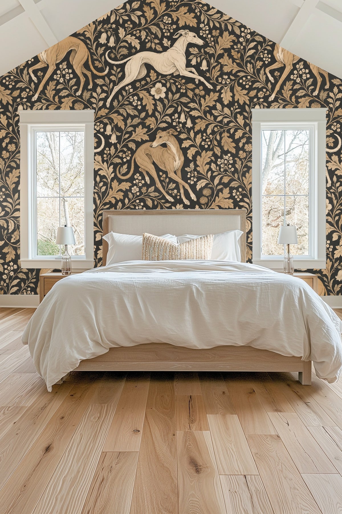Section of wallpaper showing flowing vines and clusters of small flowers with greyhounds.