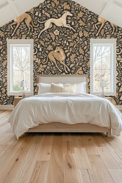 Section of wallpaper showing flowing vines and clusters of small flowers with greyhounds.