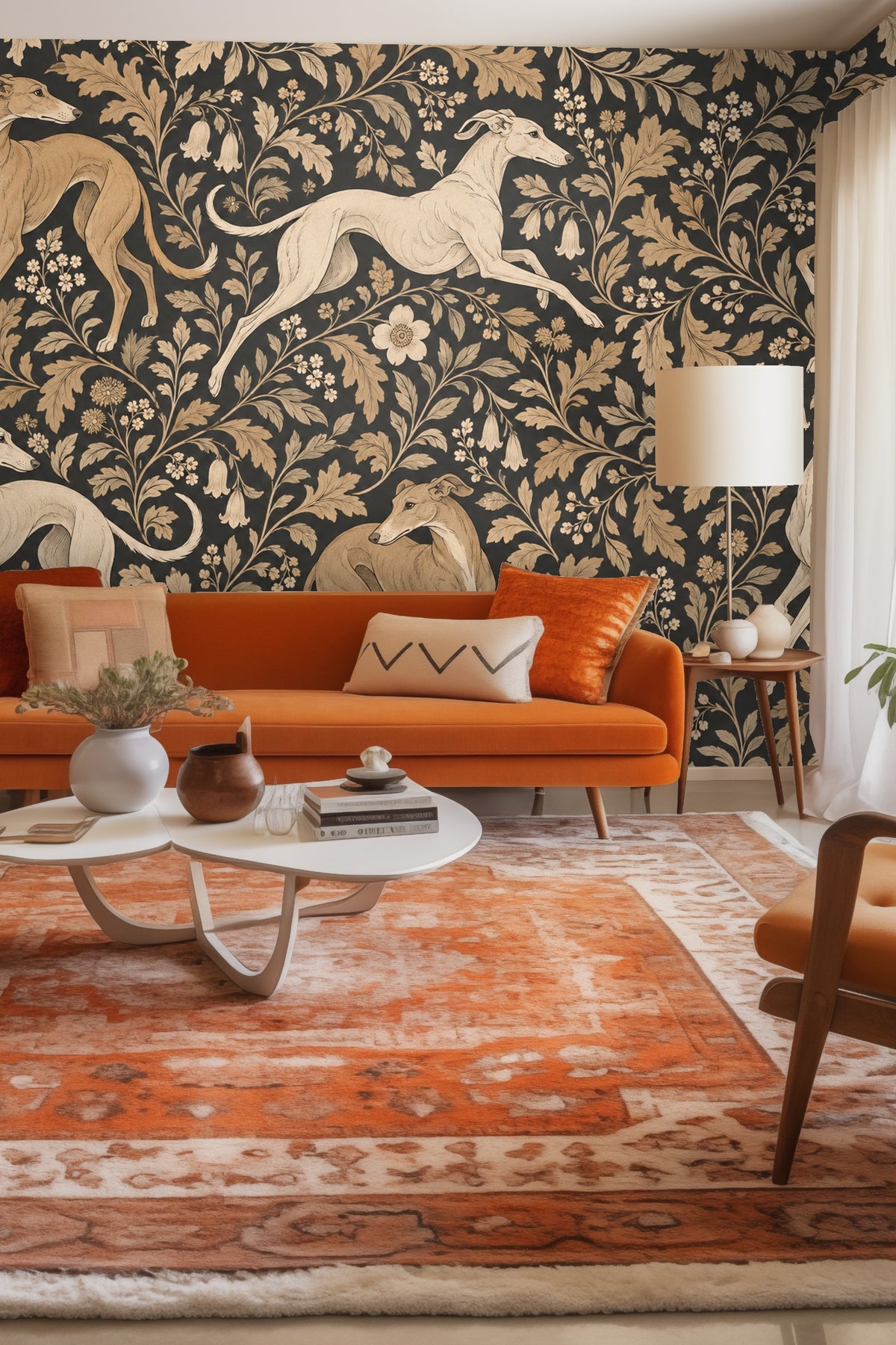 Wallpaper showing detailed greyhounds in cream and fawn with botanical scrolls on a charcoal background.