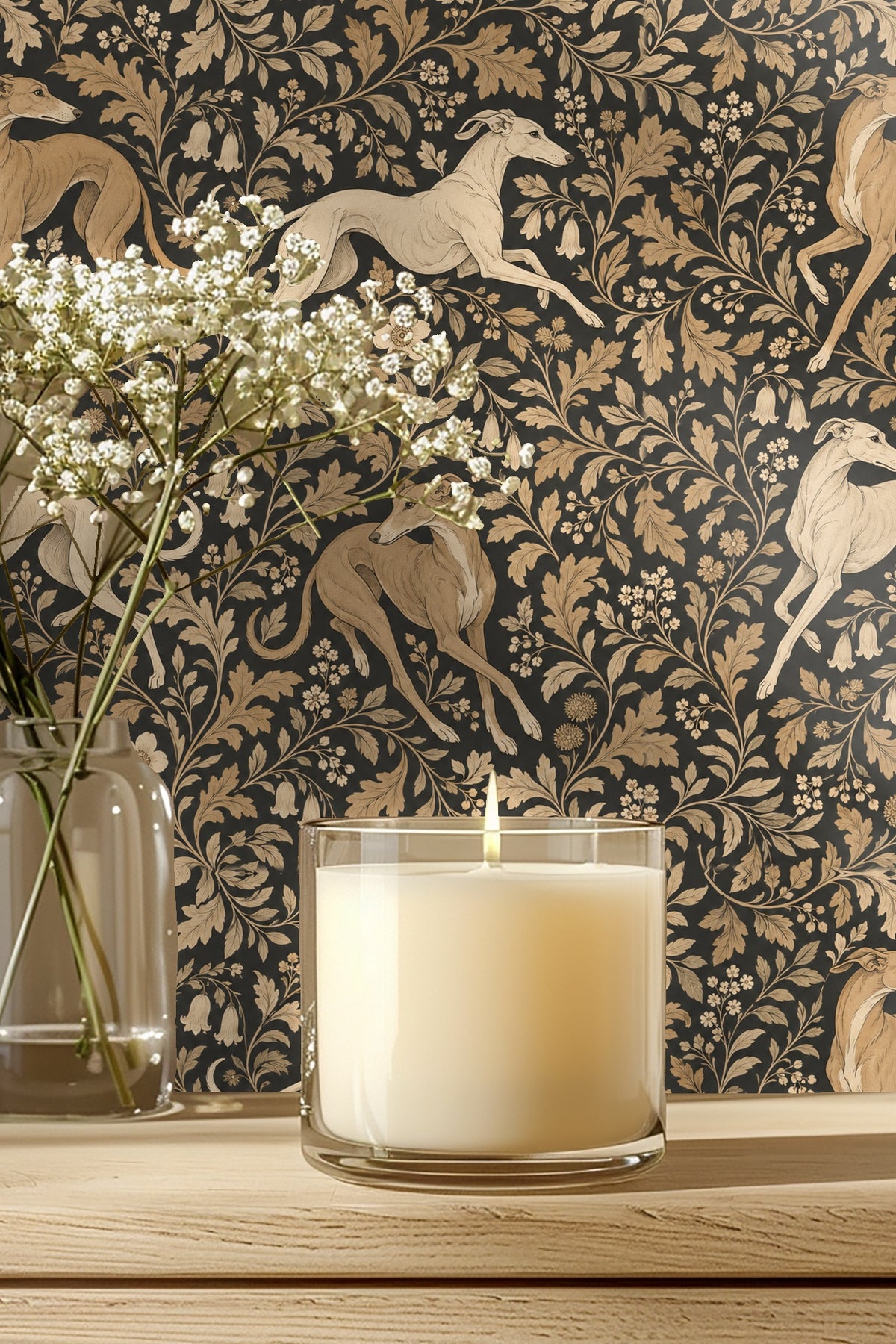 Pattern artwork showing beige and ivory greyhounds with beige foliage on a black background