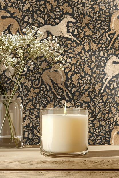 Pattern artwork showing beige and ivory greyhounds with beige foliage on a black background