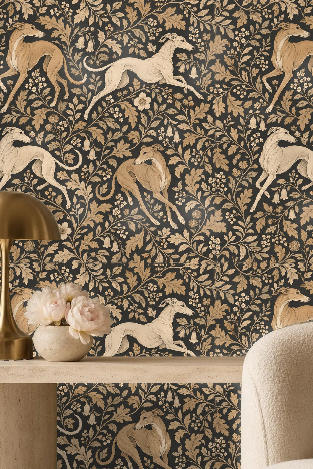 Detailed view of botanical elements with bell-shaped flowers in muted gold and tan on wallpaper.