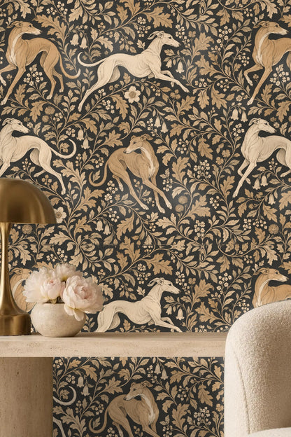 Detailed view of botanical elements with bell-shaped flowers in muted gold and tan on wallpaper.