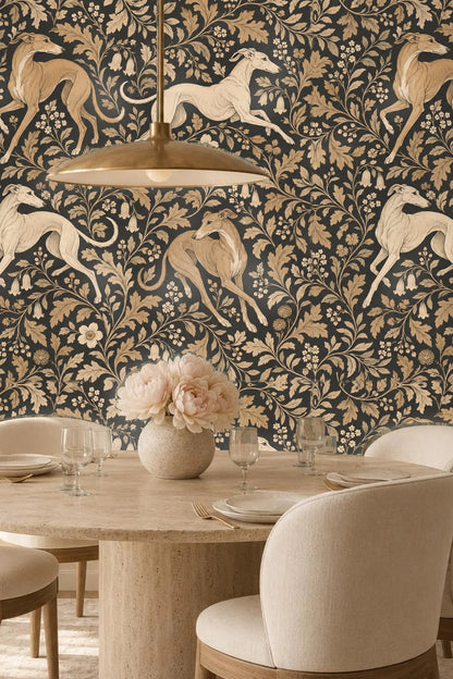 Overall wallpaper pattern with repetition of greyhounds and curling botanical scrolls on dark background.