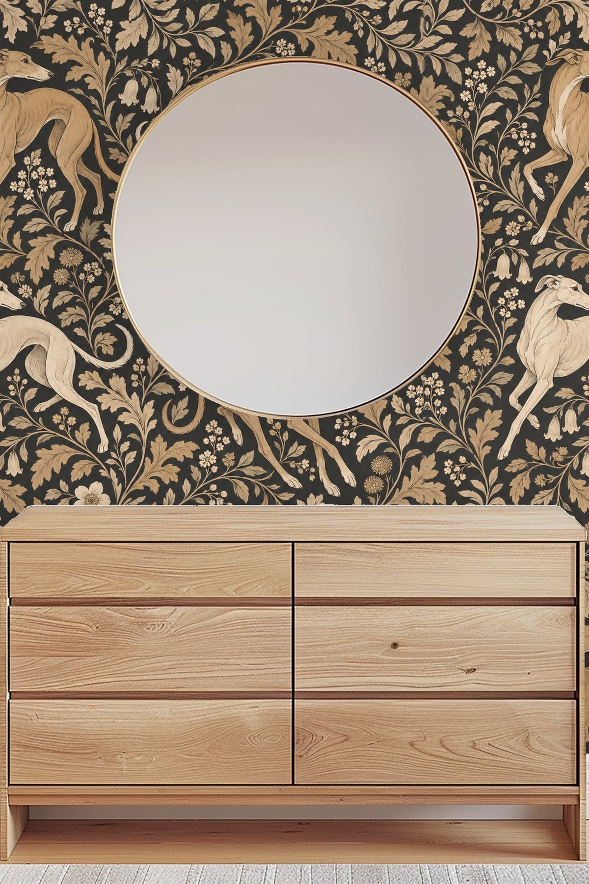 Noir and Tan Foliate Dart wallpaper shown in an interior setting