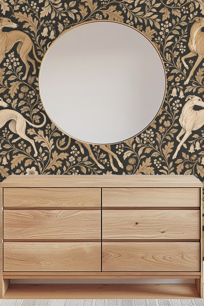 Noir and Tan Foliate Dart wallpaper shown in an interior setting