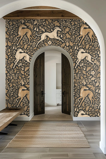Close-up of hand-drawn greyhound in cream tone on wallpaper with oak leaf and flower patterns.