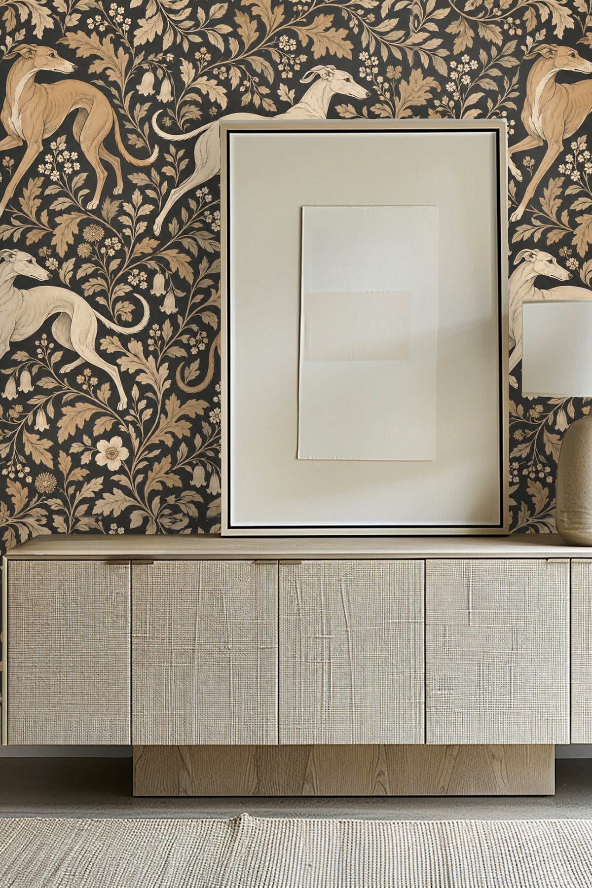 Noir and Tan Foliate Dart wallpaper shown in an interior setting