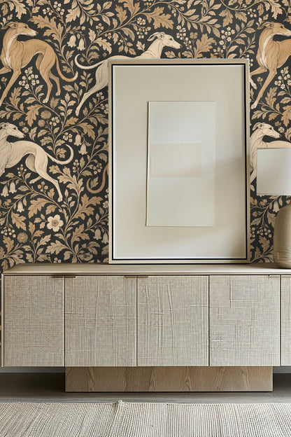 Noir and Tan Foliate Dart wallpaper shown in an interior setting