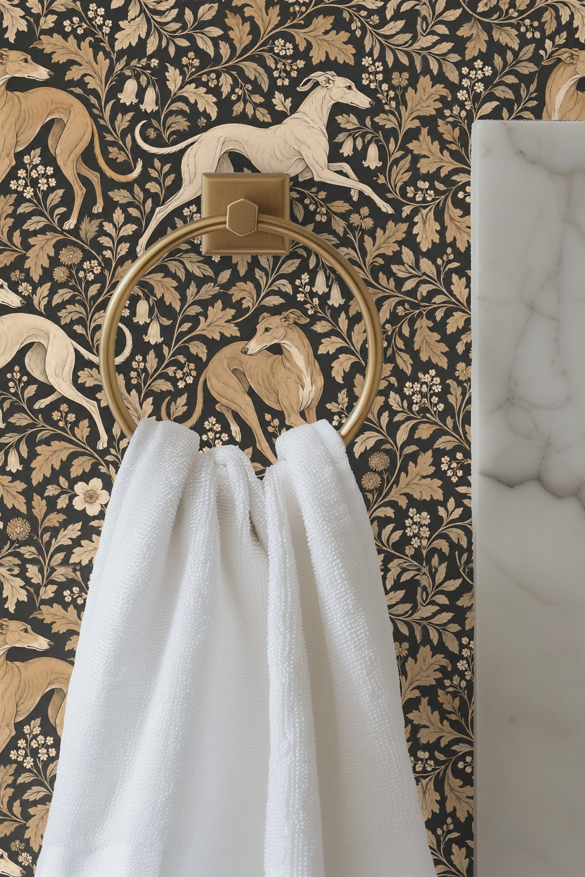 Illustration of a fawn-colored greyhound mid-step on a richly patterned floral wallpaper.