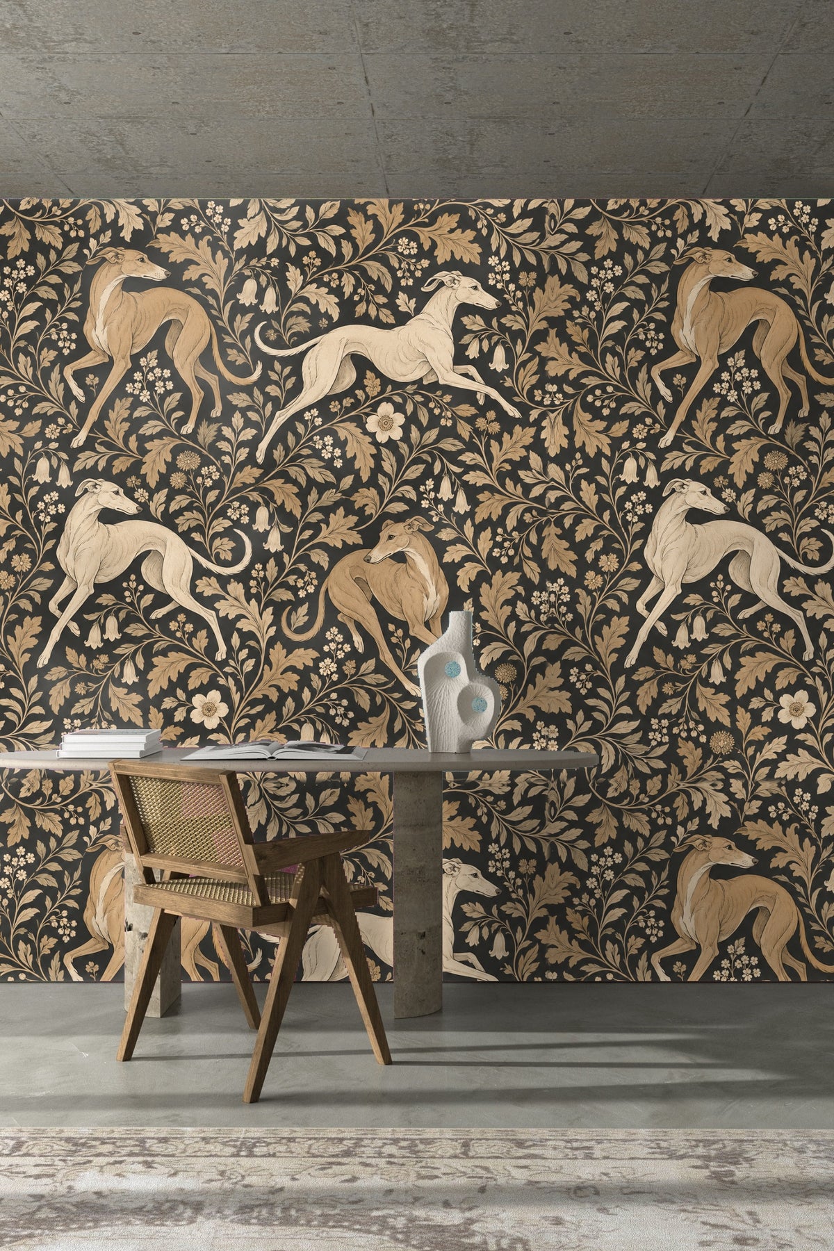 Artistic wallpaper section featuring intertwined botanical stems with small blossoms.