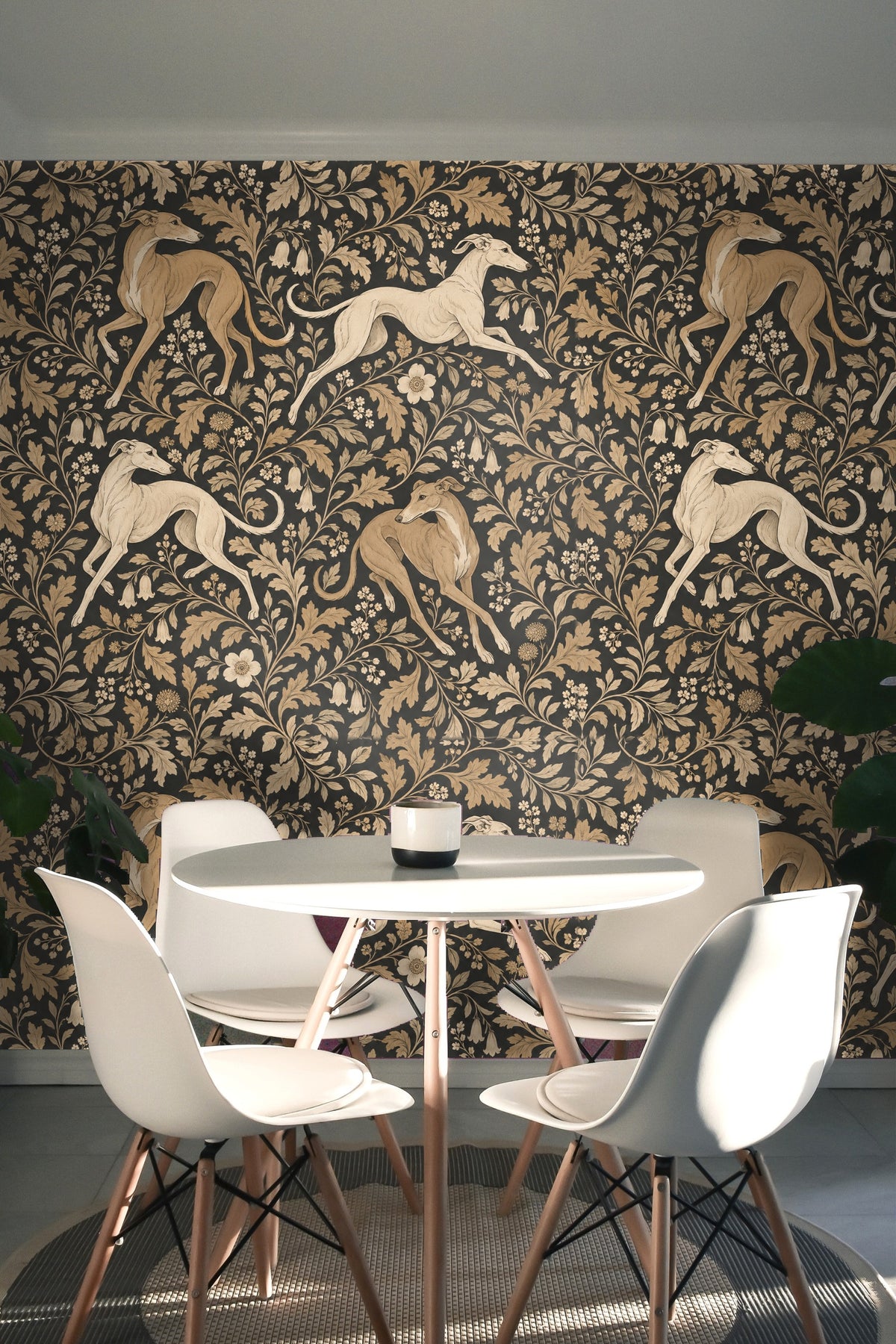 Noir and Tan Foliate Dart wallpaper shown in an interior setting