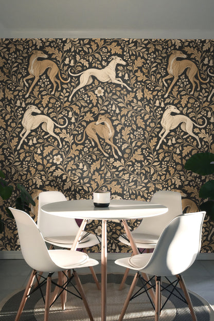Noir and Tan Foliate Dart wallpaper shown in an interior setting