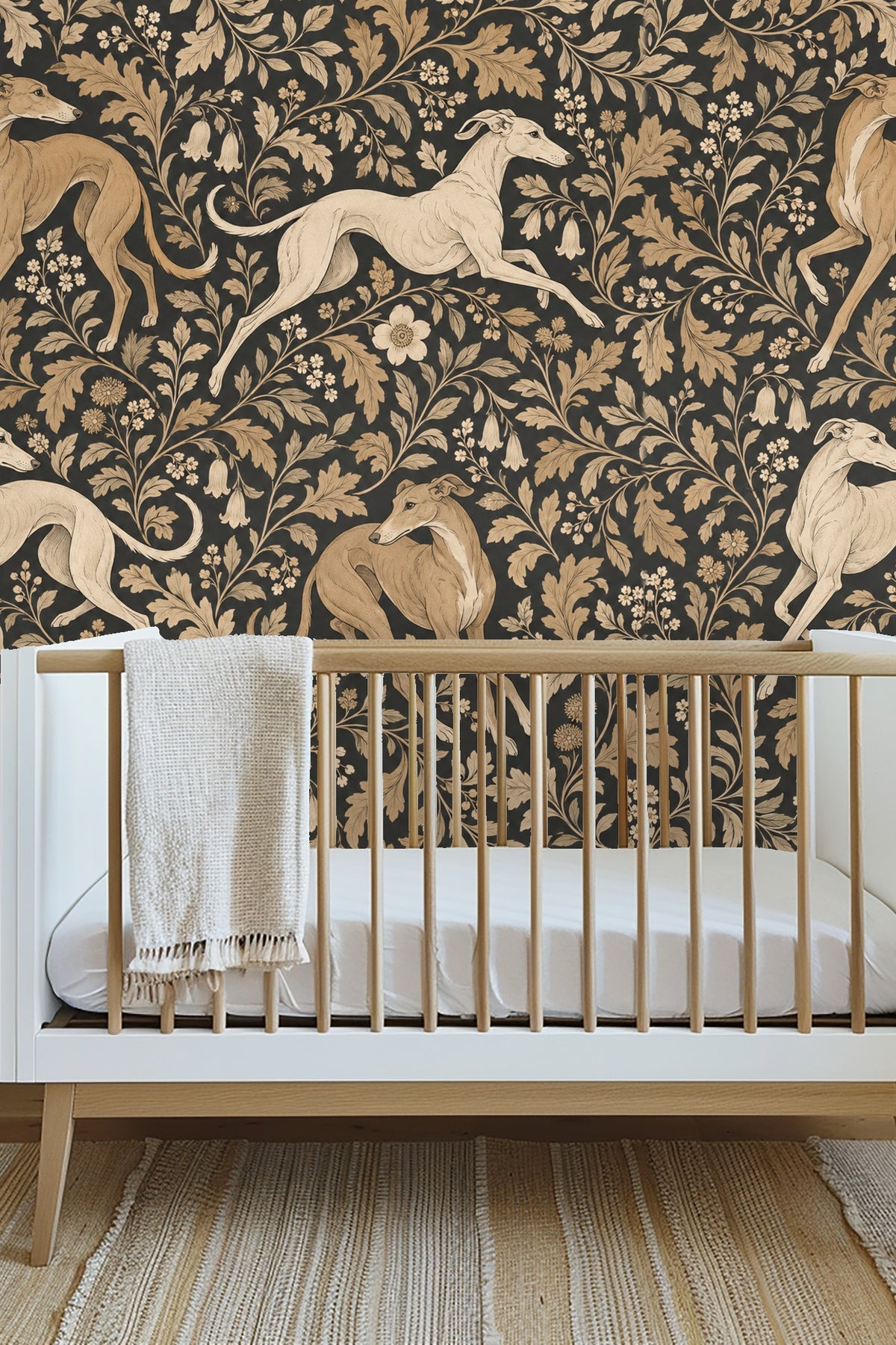 Noir and Tan Foliate Dart wallpaper shown in an interior setting