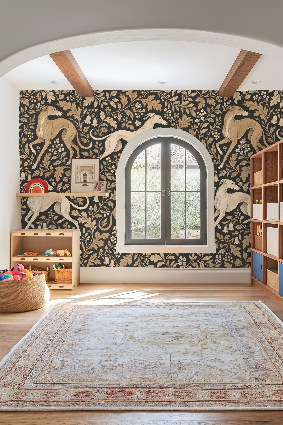 Study of leaf shapes and flower clusters in shades of gold and tan on wallpaper.