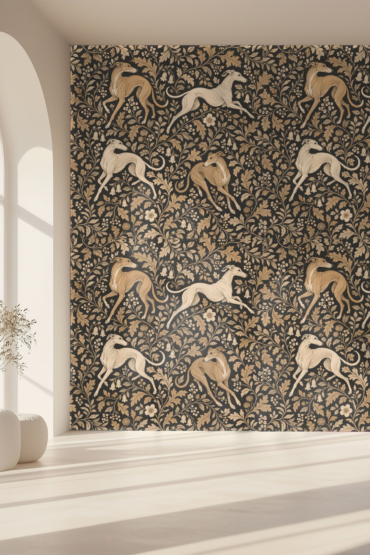 Noir and Tan Foliate Dart wallpaper shown in an interior setting