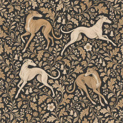 View of foliage and flowers in warm earth tones amid the greyhound motifs on wallpaper. 