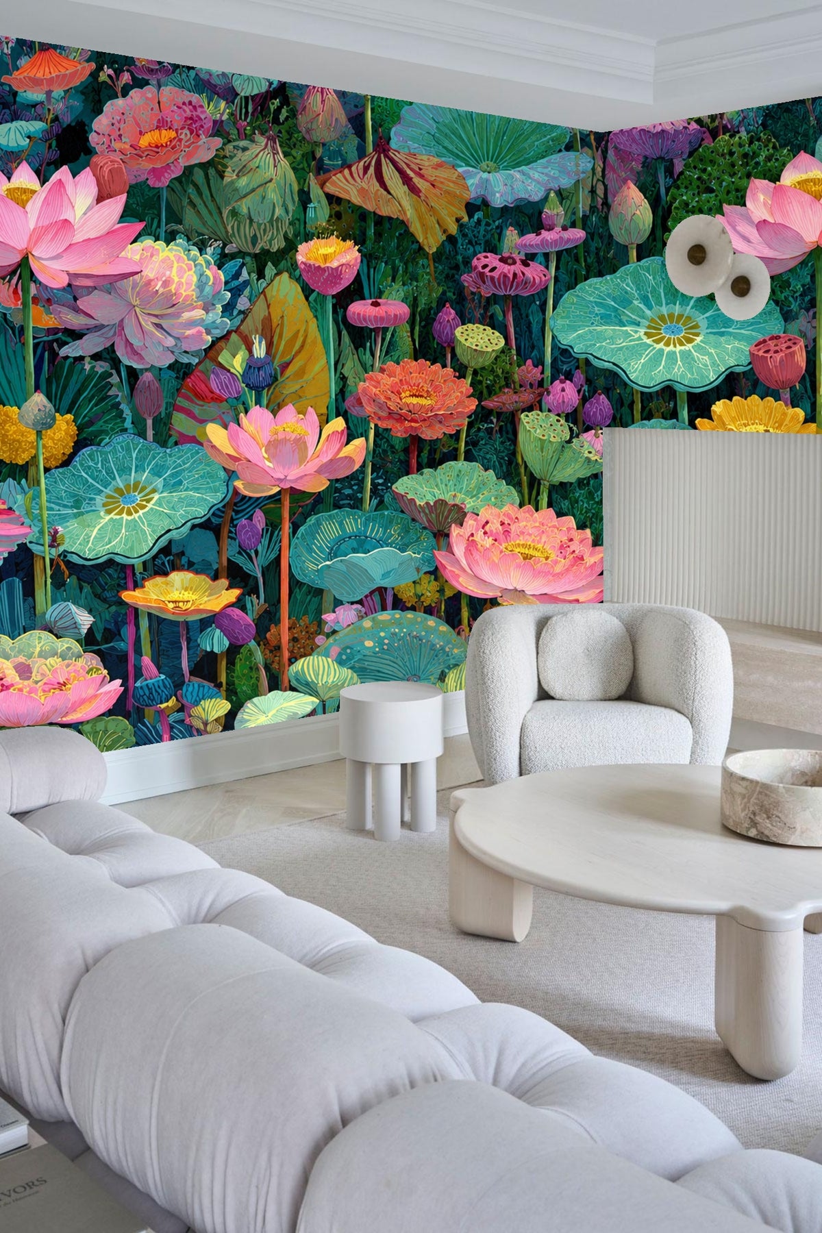 Vivid contrast of dark foliage with glowing lotus petals