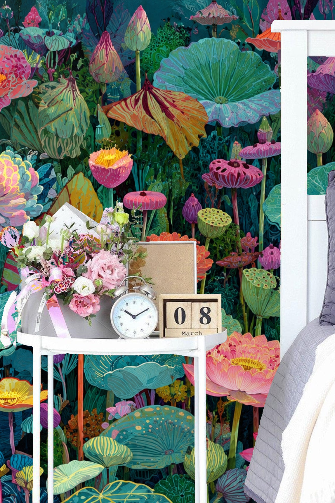 Interior corner with lotus floral wallpaper behind natural textures and woven basket