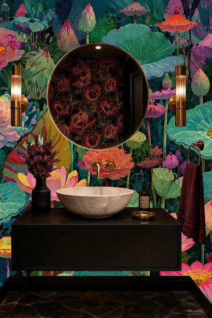 Illustration of lotus pond with layered flowers and leaves in lush colors