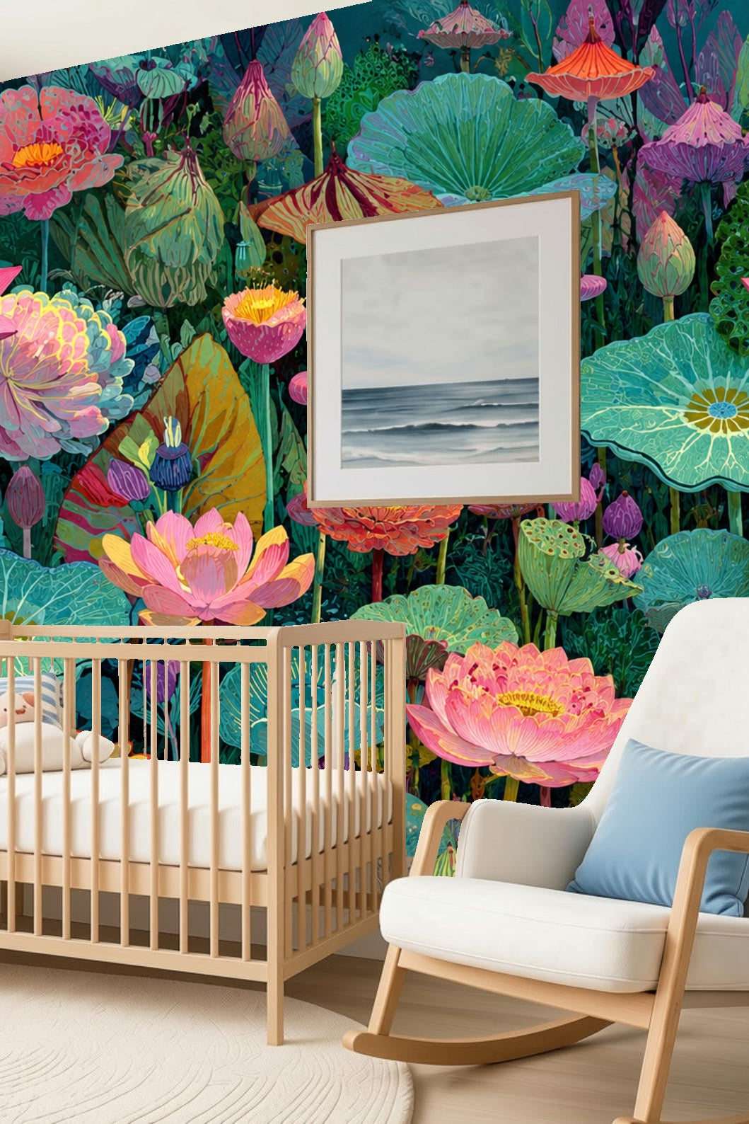 Area featuring multiple stages of lotus blooms and seed pods