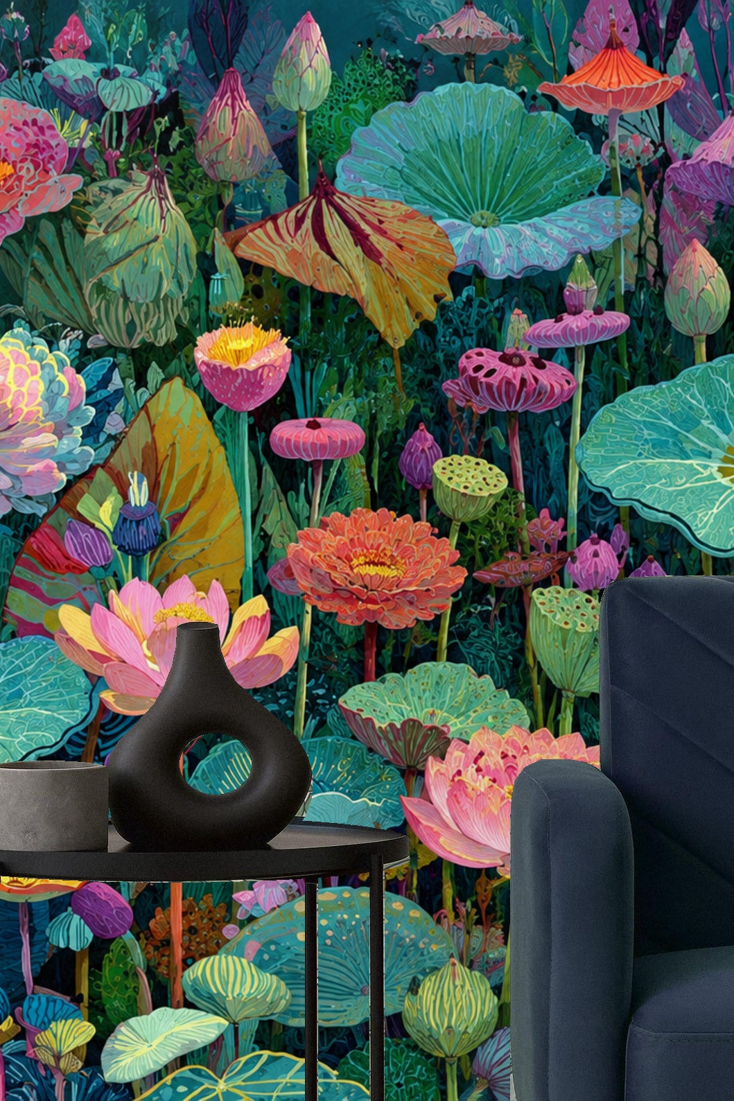 Original artwork showing dense field of lotus flowers and leaves in pink, green, and teal hues