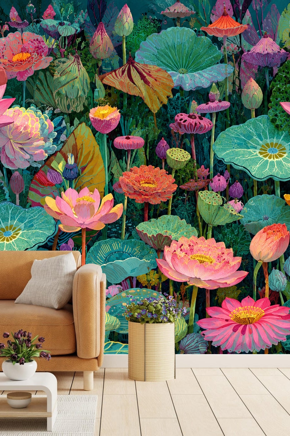 Bright pink lotus flowers among teal green leaves and smaller buds