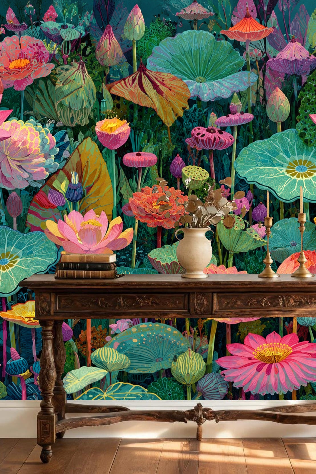 Detailed view of lotus flowers and seed pods clustered tightly