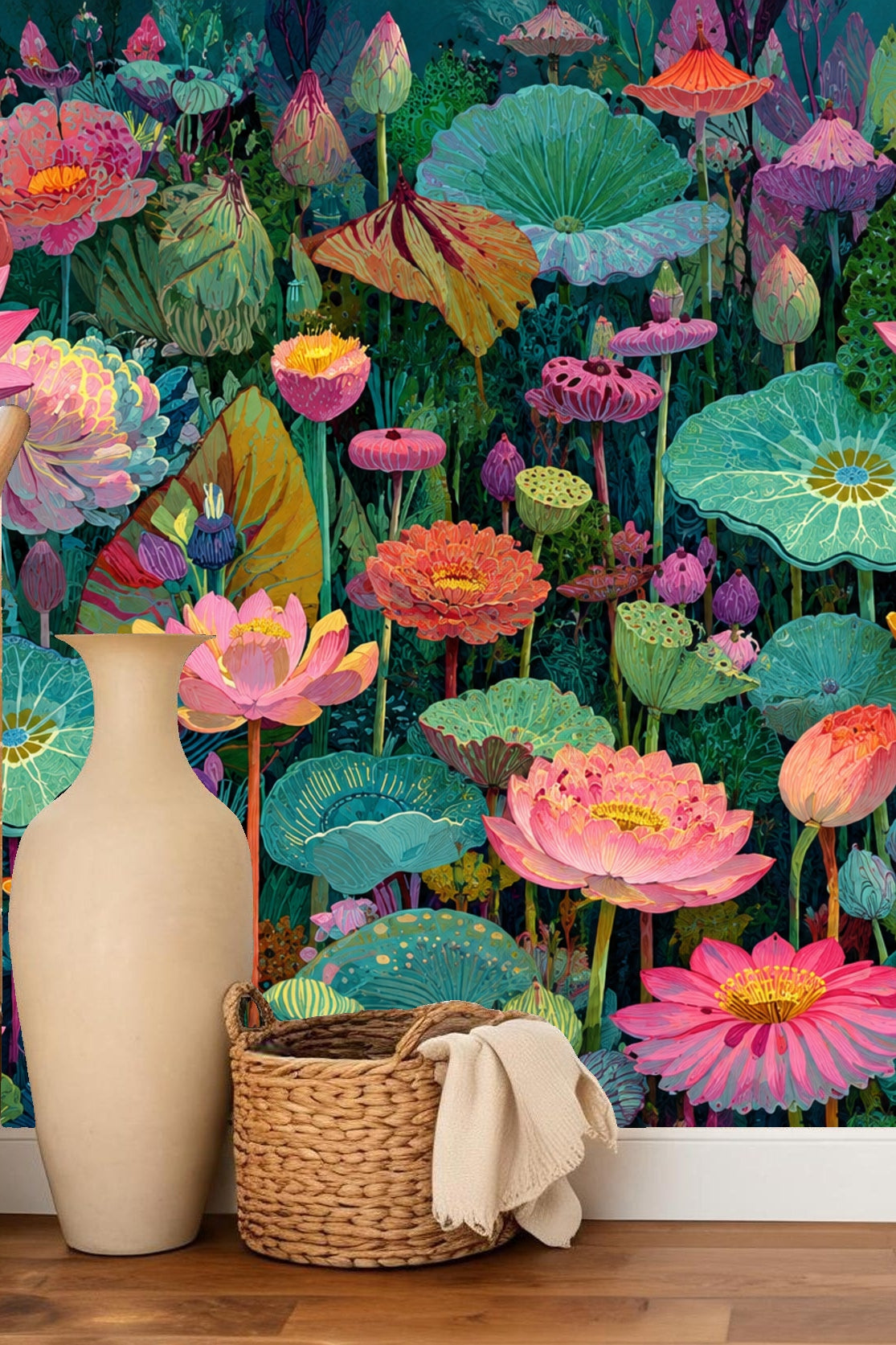 Close-up of living room wall with lotus mural behind a black sculptural vase and blue chair
