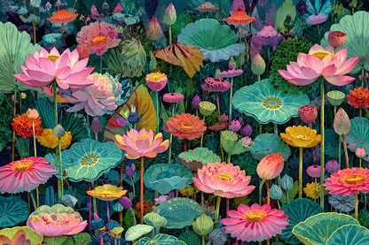 Richly detailed botanical wallpaper with deep saturated colors