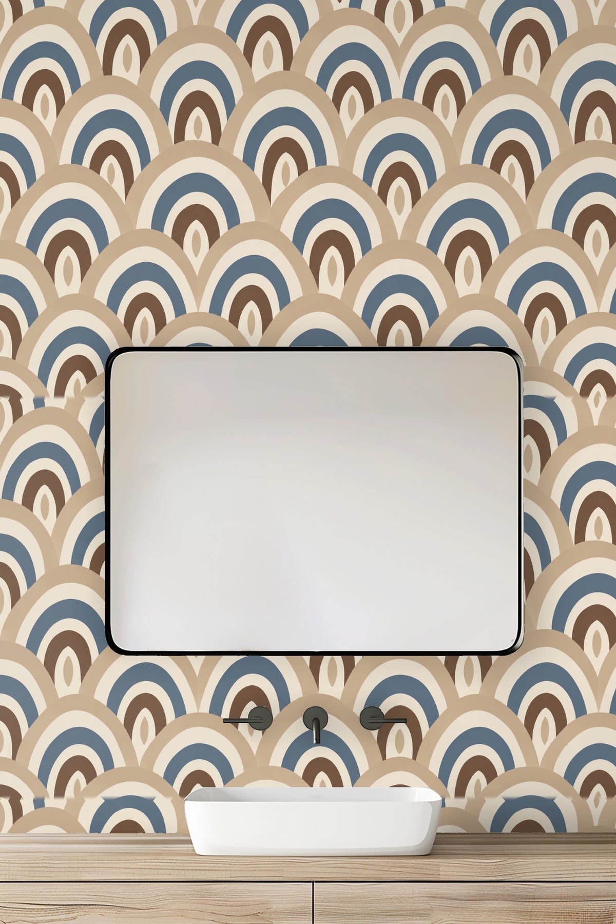 detailed view of intersecting arches in muted blue and brown on beige background wallpaper
