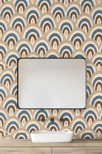 detailed view of intersecting arches in muted blue and brown on beige background wallpaper