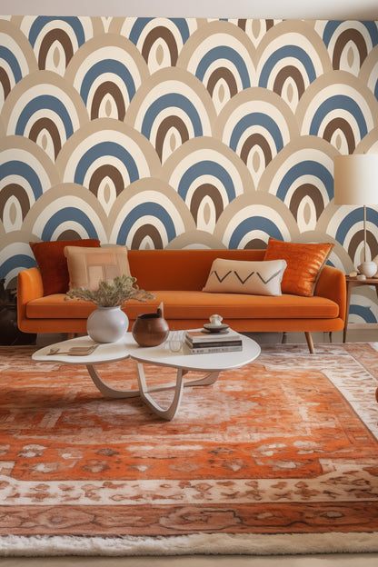 side view of patterned wallpaper with retro arches and earthy color bands