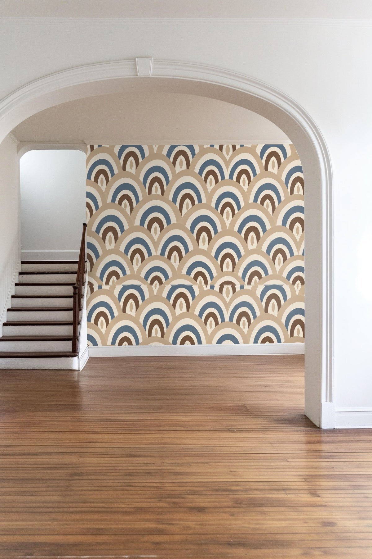 wide shot of a neutral bedroom showing arch pattern wallpaper behind a rattan bed frame