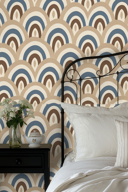 living room vignette highlighting arch motif wallpaper against soft furniture