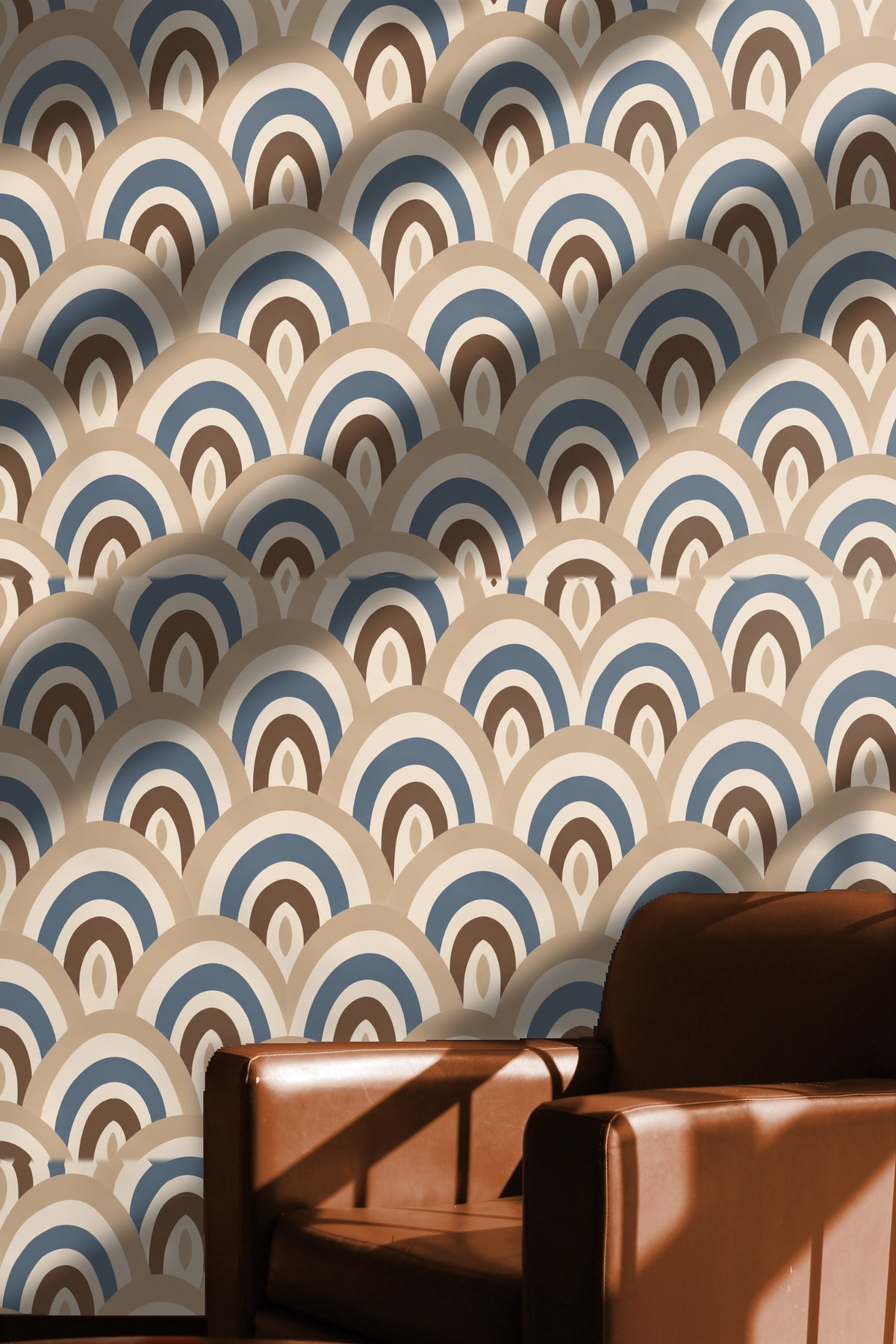pattern repeat showing overlapping scallop shapes in beige, blue, cream, and chocolate brown