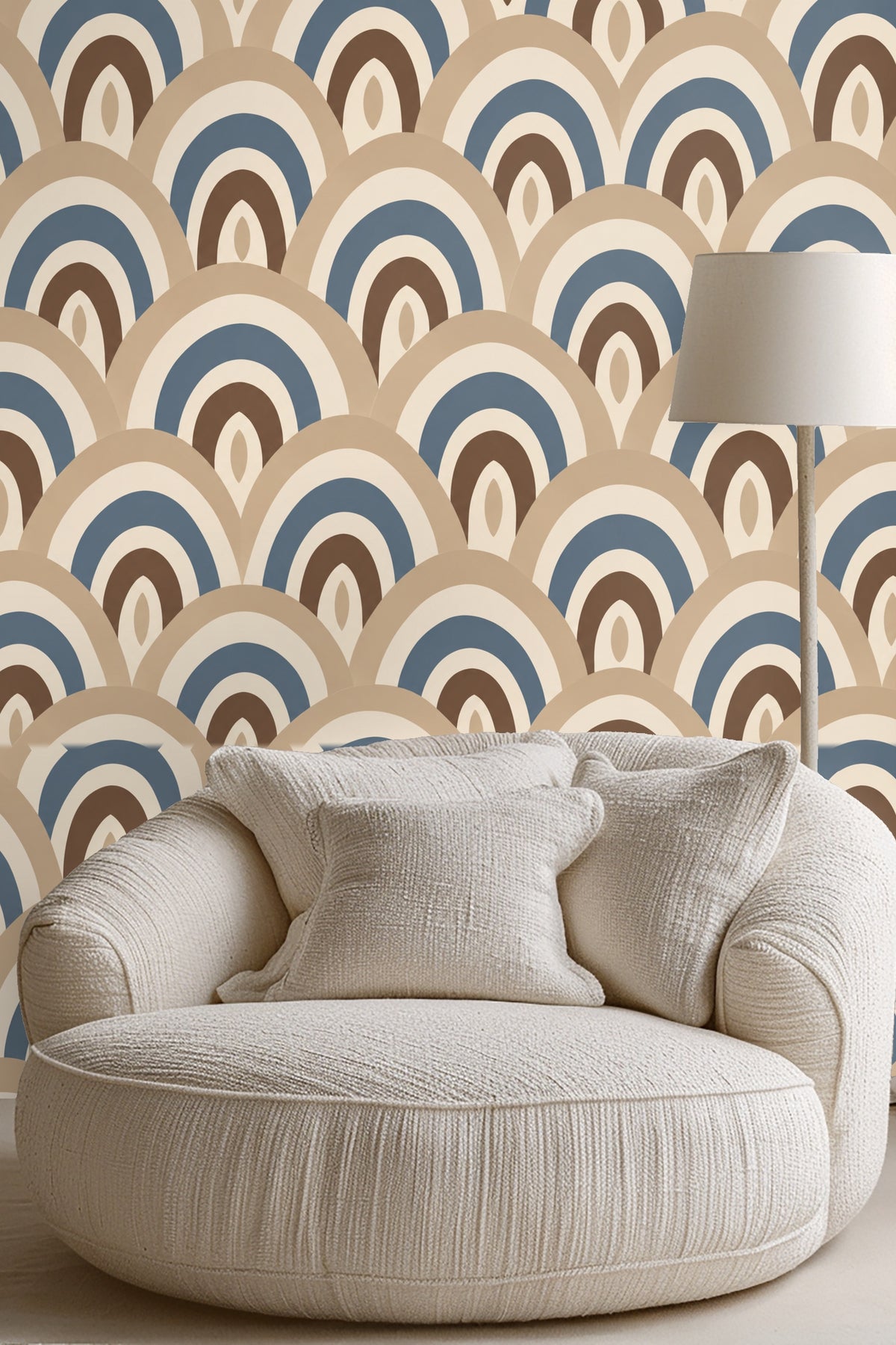close-up of layered arch wallpaper pattern with soft blue, beige, cream, and brown tones