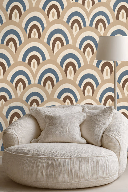 close-up of layered arch wallpaper pattern with soft blue, beige, cream, and brown tones