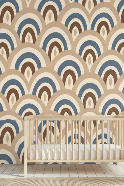 bedroom close-up showing pillow in front of arch wallpaper