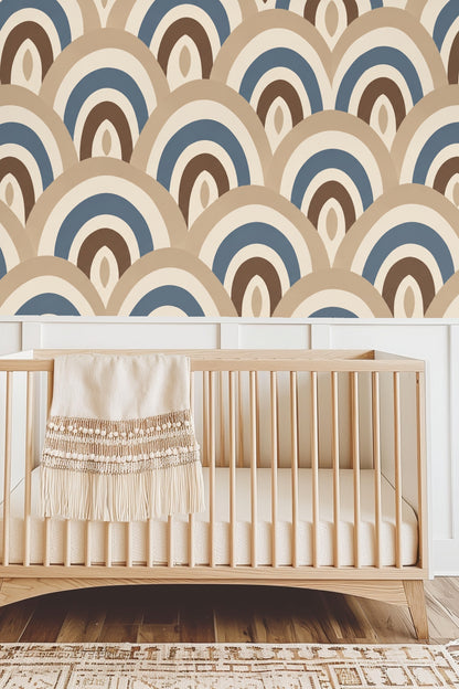 bedroom wall headboard against wallpaper with layered arches in beige, blue, cream, and brown colors