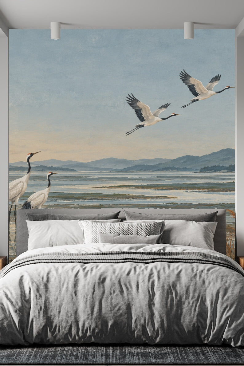 Knitted throw pillow and bed linens complementing mural colors.