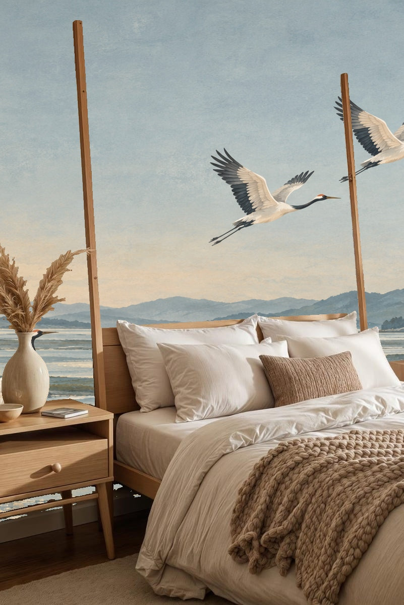 Bedroom featuring wooden furniture against the twilight cranes mural backdrop.