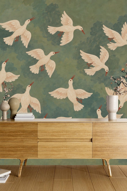 Ethereal Doves & Crescent Wallpaper wallpaper shown in an interior setting