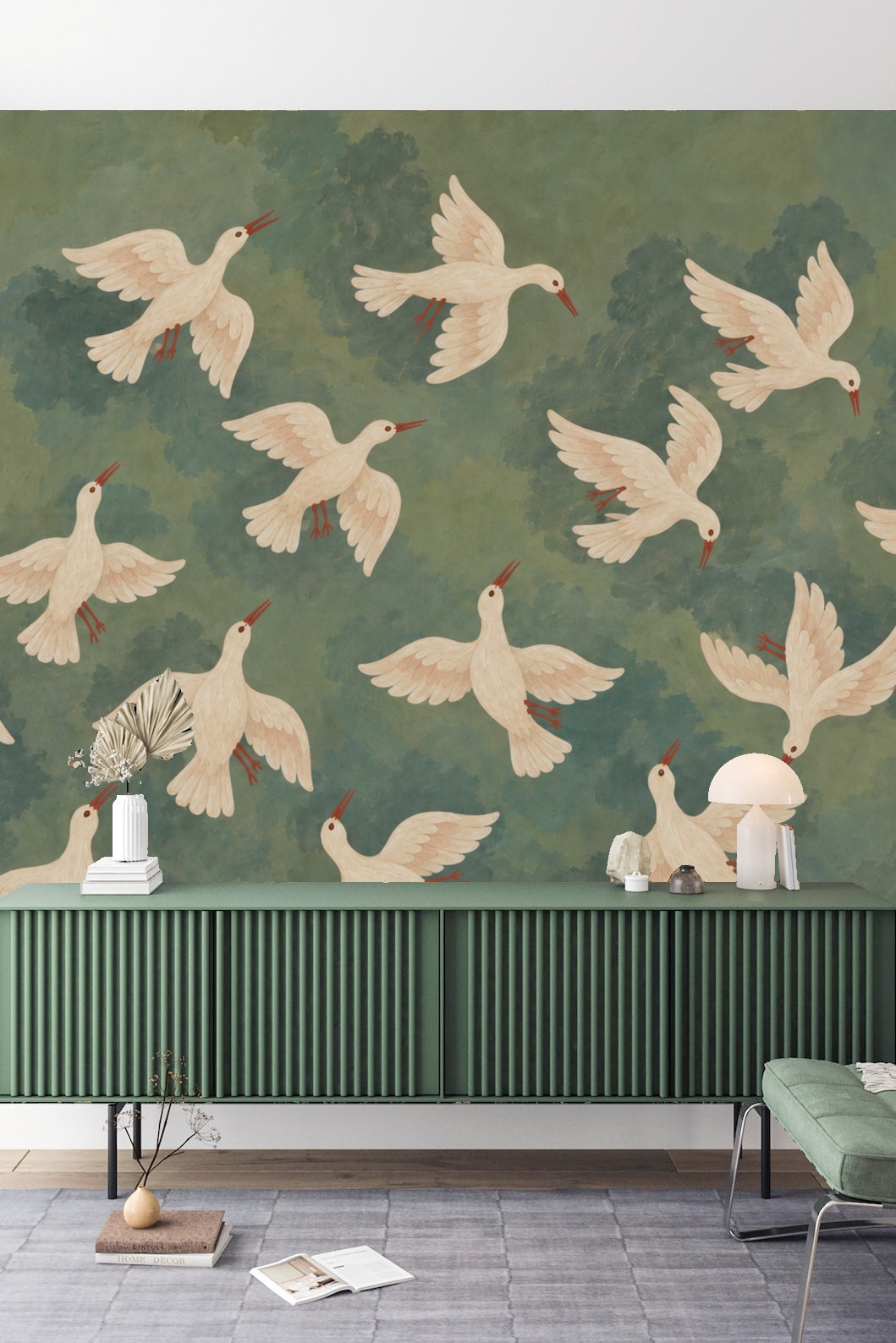 Ethereal Doves & Crescent Wallpaper wallpaper shown in an interior setting