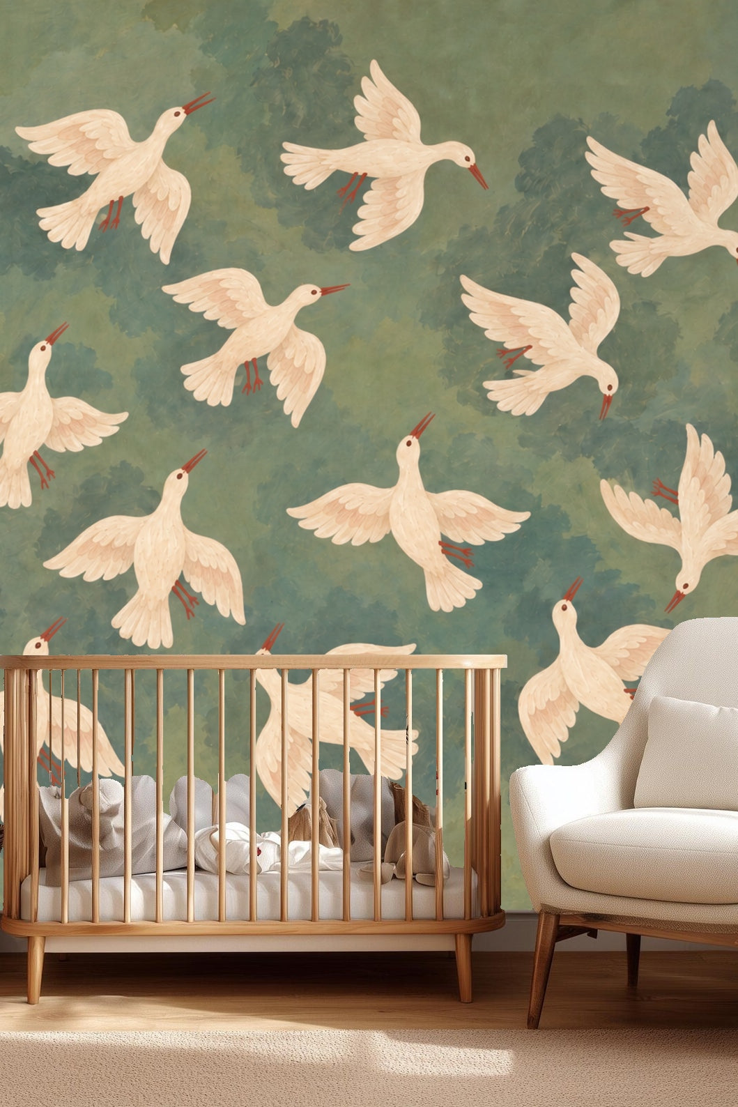 Bedroom with bed and wooden furniture featuring wallpaper with white doves flying against a green and blue sky background
