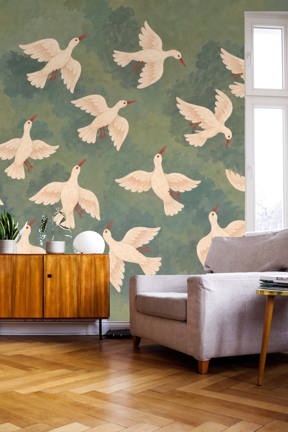 Ethereal Doves & Crescent Wallpaper wallpaper shown in an interior setting